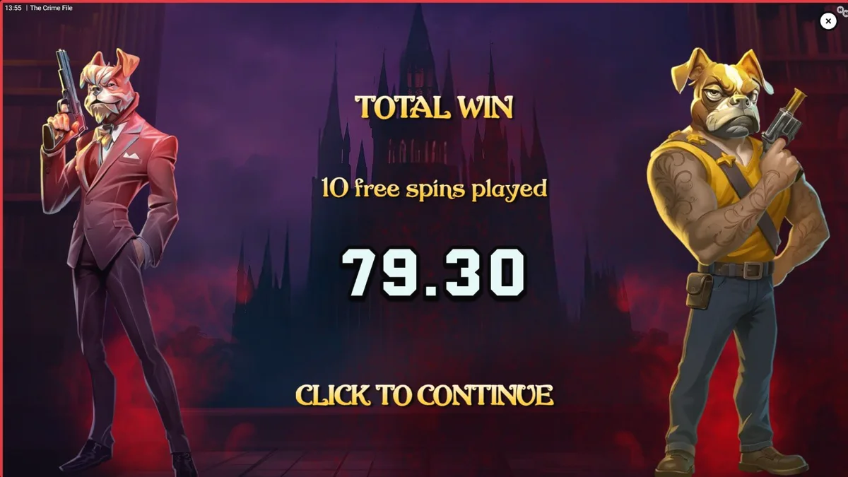 The Crime File slot machine interface na may noir detective theme