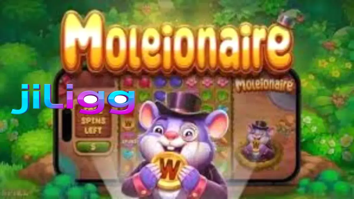 Isang masayang nunal na may hawak na gintong barya sa isang makulay na hardin sa Moleionaire slot.