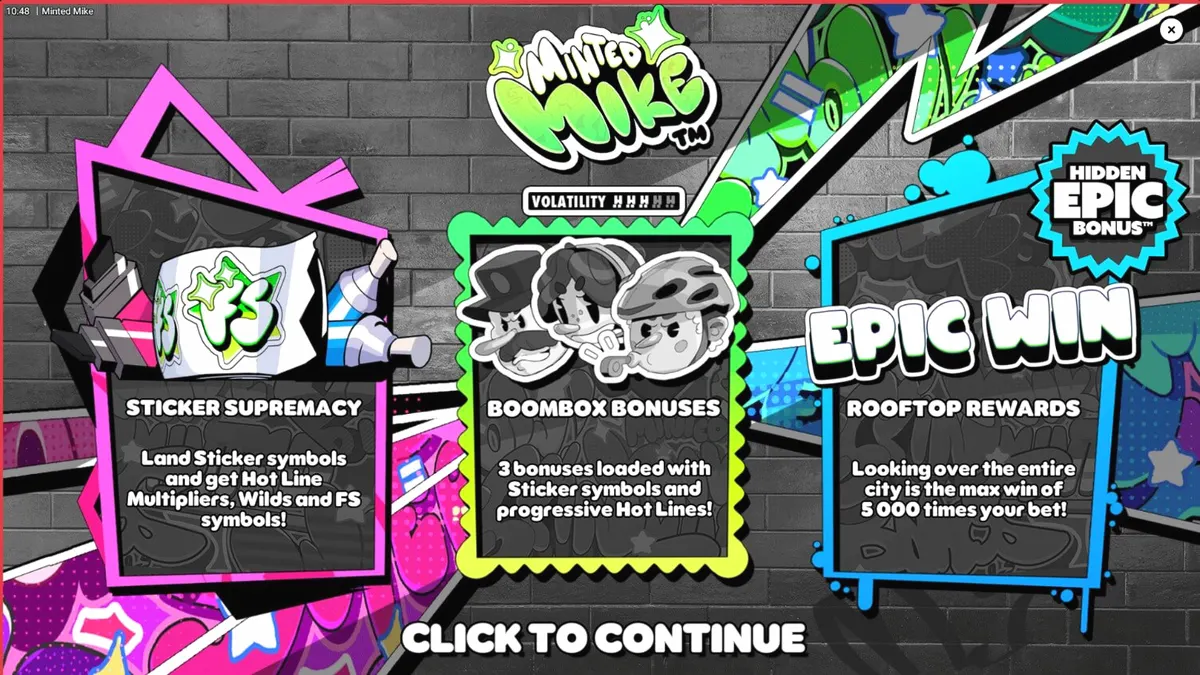 Isang makulay na graffiti-themed slot machine na Minted Mike na may neon lights at urban art style.
